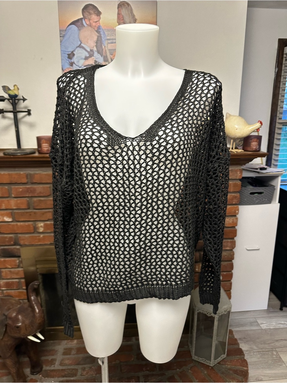 Black Open-Knit V-Neck Women’s Sweater -XL